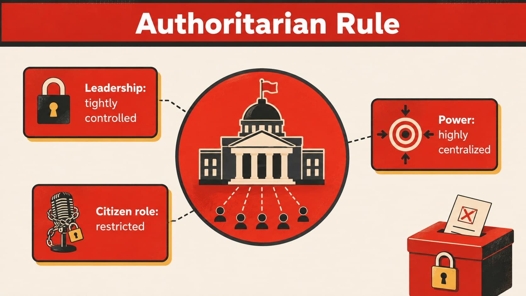 Authoritarian rule civics slide explaining centralized leadership and restricted public participation.