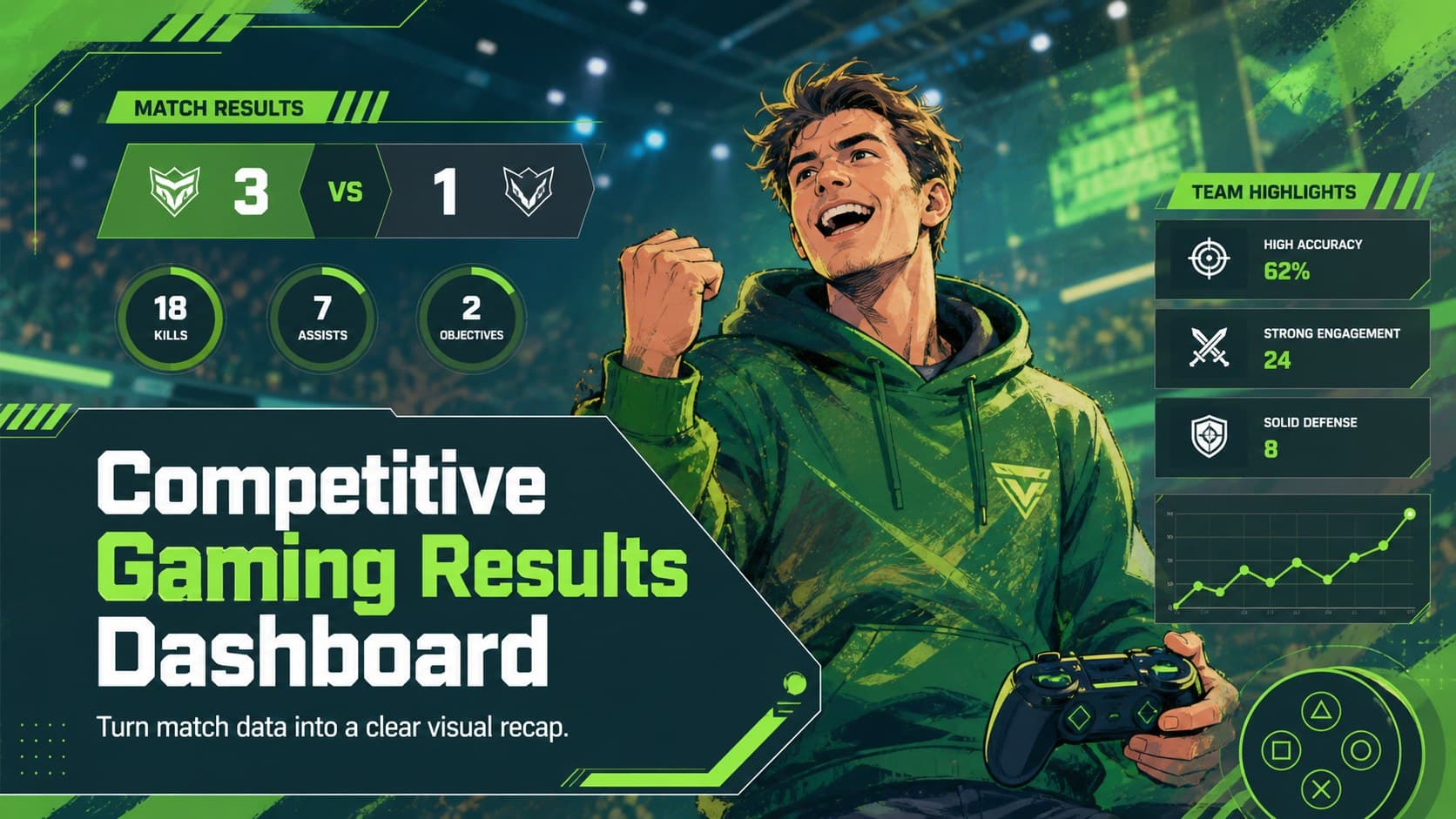 Cover slide for a competitive gaming results dashboard showing a bold esports scoreboard theme in green.