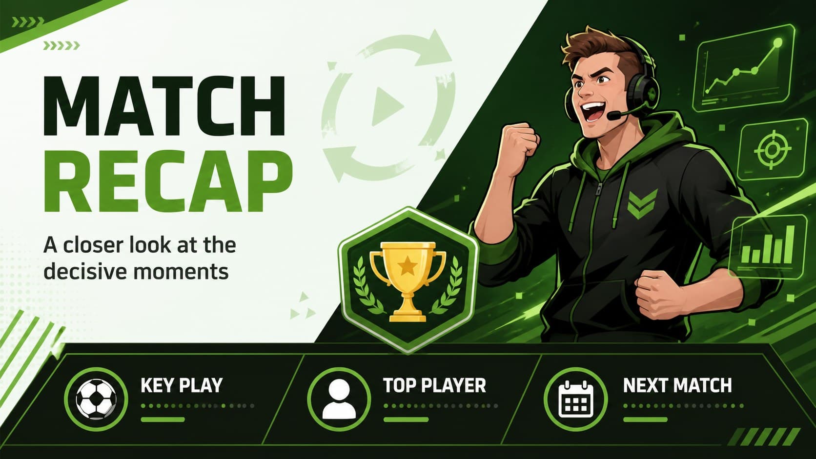 Streamer match recap slides layout featuring gaming highlights, key statistics, and a green illustrated closing panel.