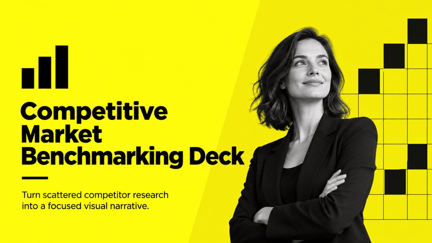 Cover for a Competitive Market Benchmarking Deck with bold yellow and black geometric styling.