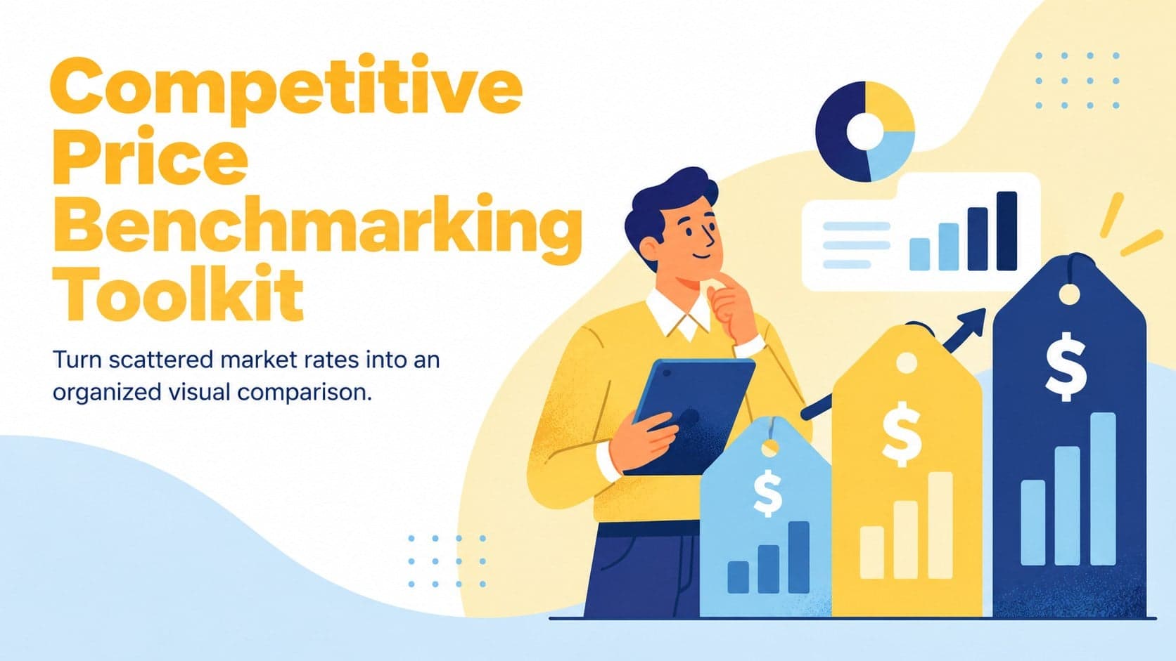 Cover for a competitive price benchmarking toolkit with bold blue and yellow business graphics.