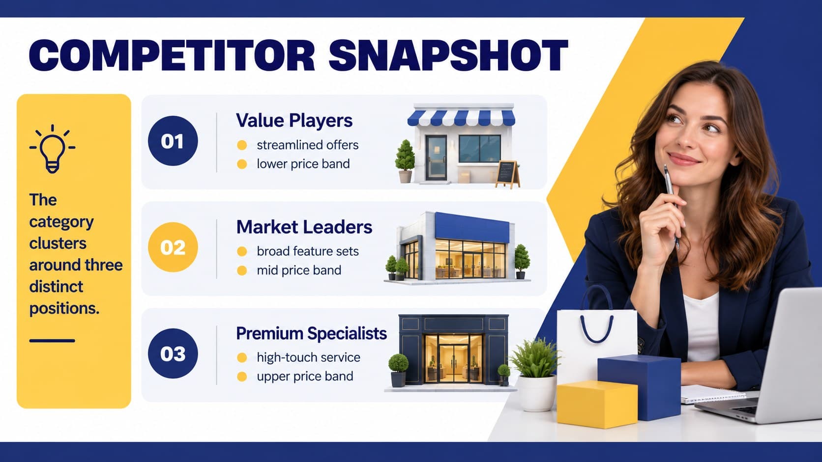 Competitor snapshot slide showing market segments, offer types, and relative price levels.