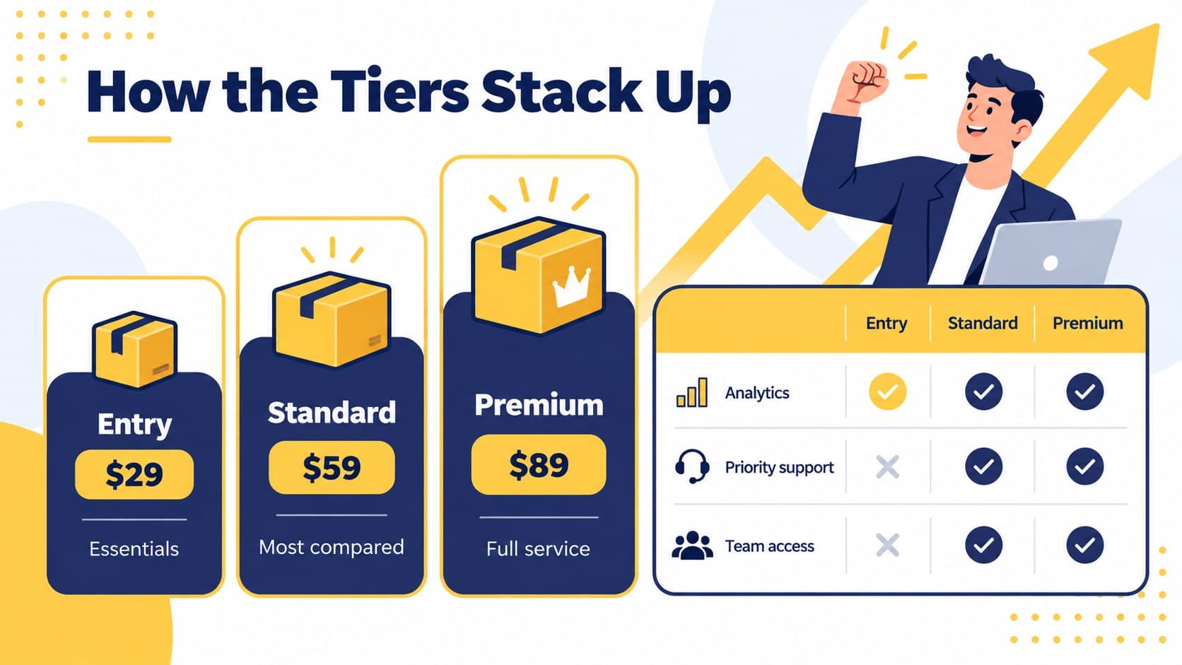 Product tier comparison slide contrasting entry, standard, and premium pricing packages.