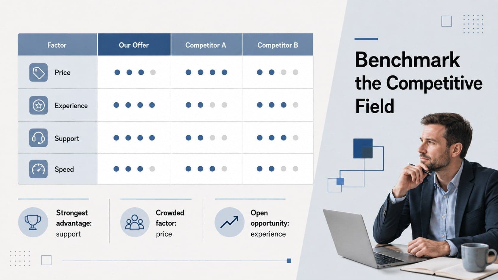 Industry benchmarking slide displaying competitor strengths and weaknesses.
