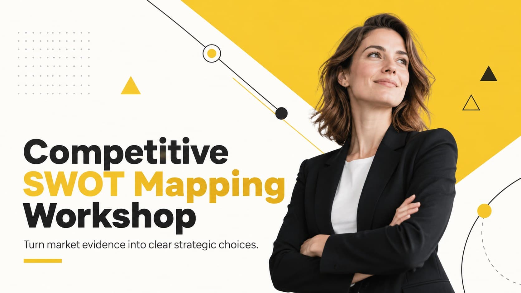 Cover for a Competitive SWOT Mapping Workshop with bold yellow and black abstract business graphics.
