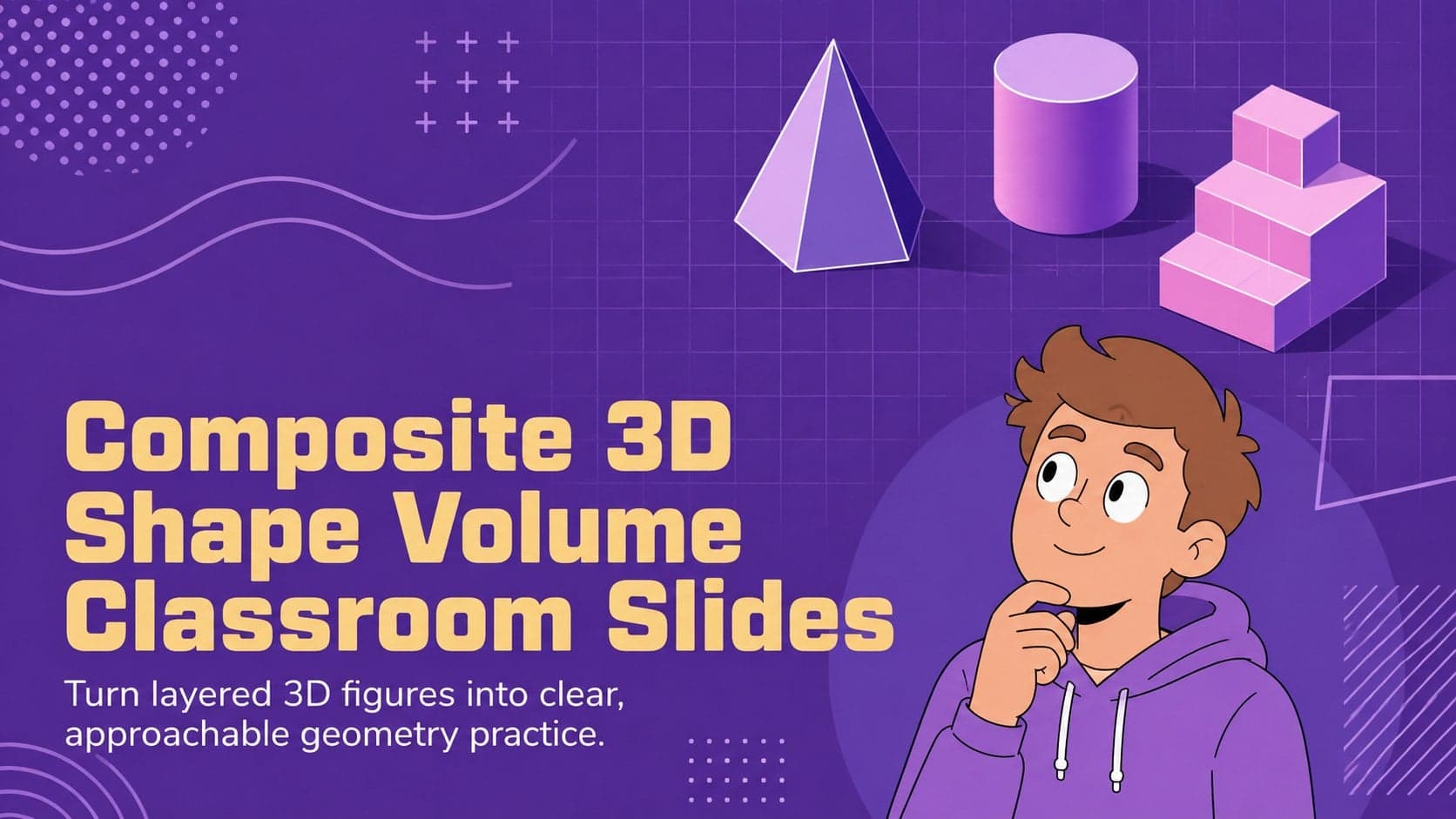 Purple illustrated cover for Composite 3D Shape Volume Classroom Slides with geometric solid forms.