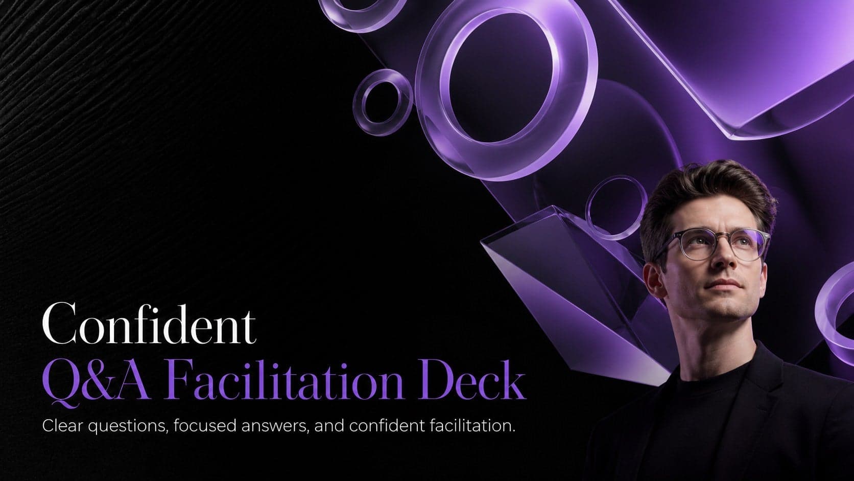 Cover of the Confident Q&A Facilitation Deck with bold purple 3D forms on a black background.