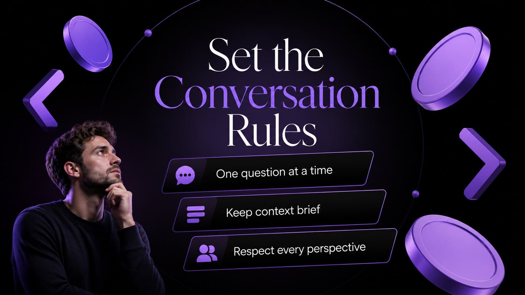 Black and purple facilitation slide outlining clear participation rules for a Q&A session.