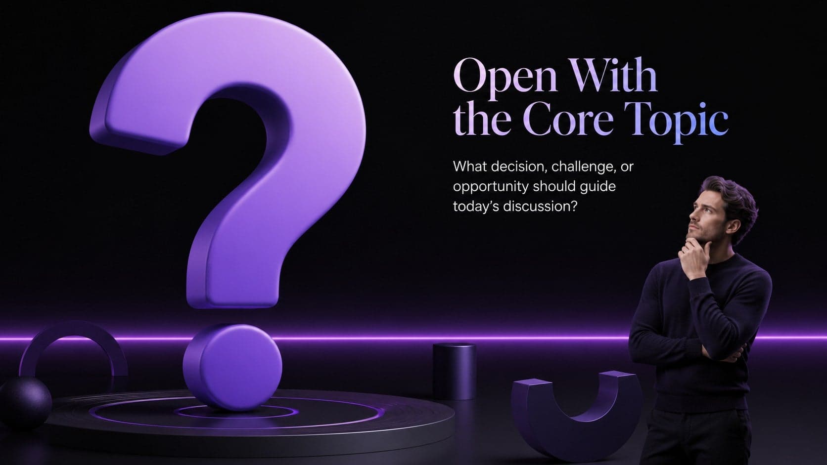 Modern Q&A workshop slide introducing the central discussion topic with bold 3D typography.