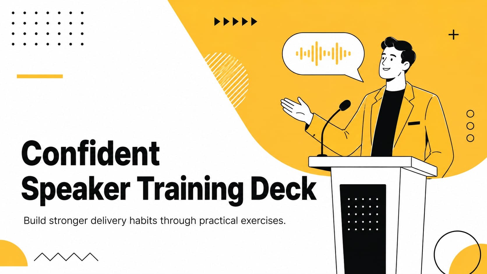 Cover of the Confident Speaker Training Deck with bold yellow geometry and original public speaking illustrations.