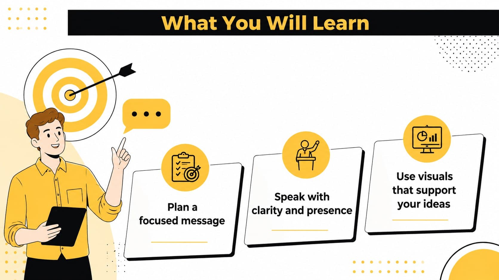 Public speaking workshop deck slide showing clear learning goals with illustrated target graphics.