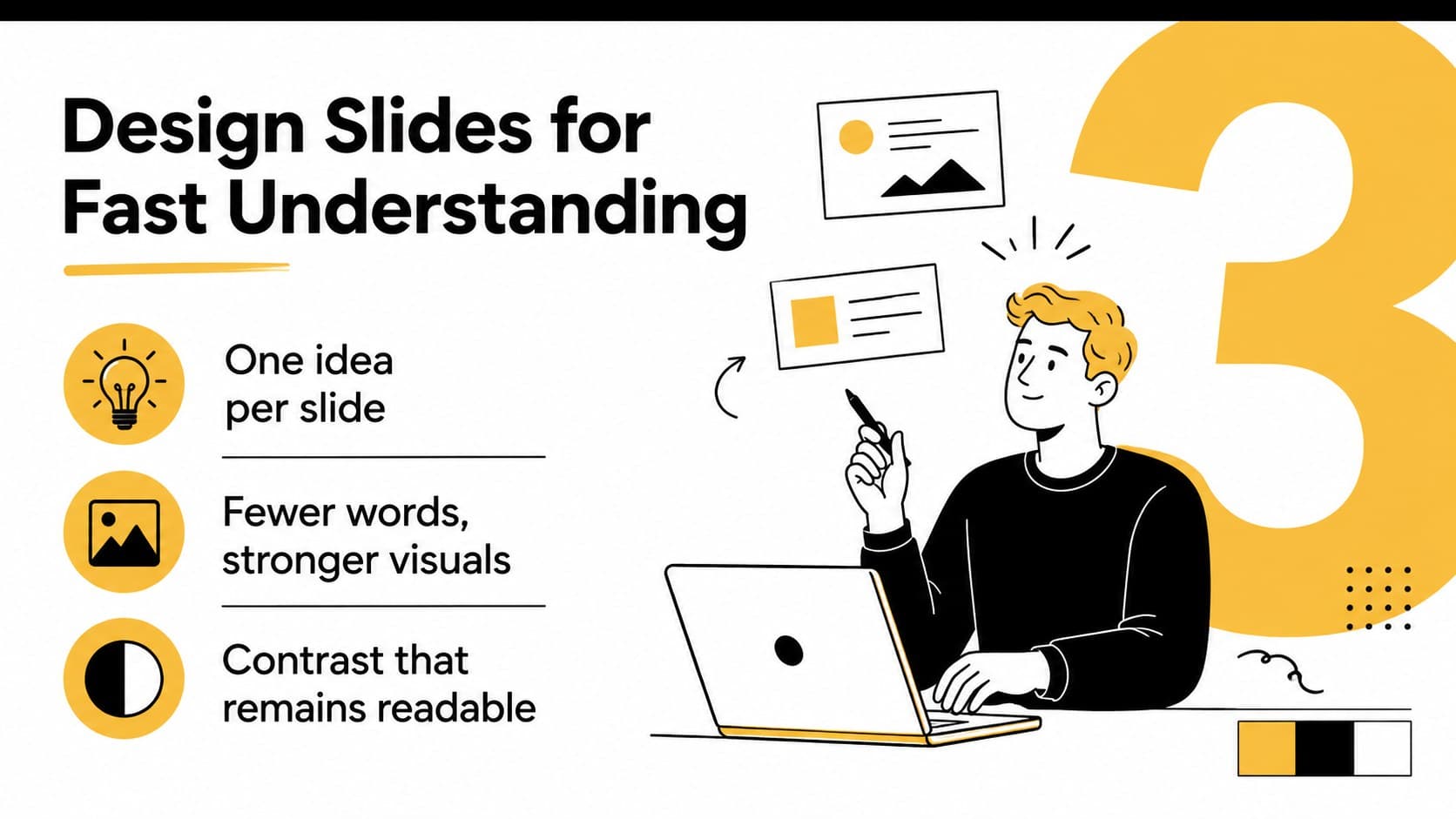 Clear visual design lesson showing one idea, fewer words, and stronger contrast.