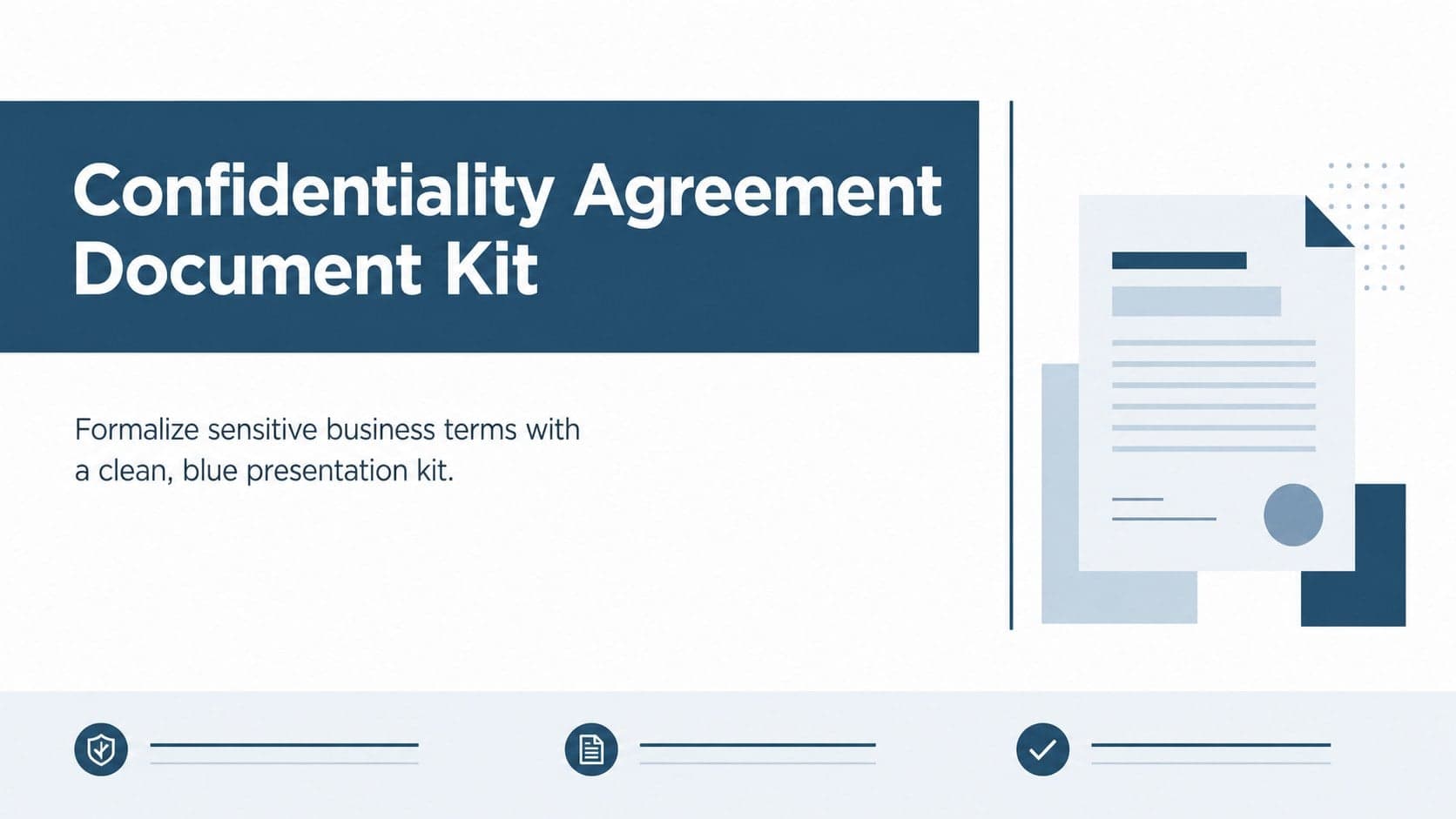 Blue minimalist cover slide for a confidentiality agreement document kit with a formal business document layout.