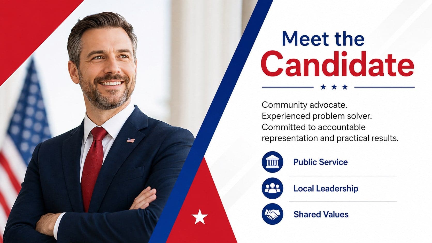 Candidate profile presentation slide featuring leadership experience, community roots, and public service values.