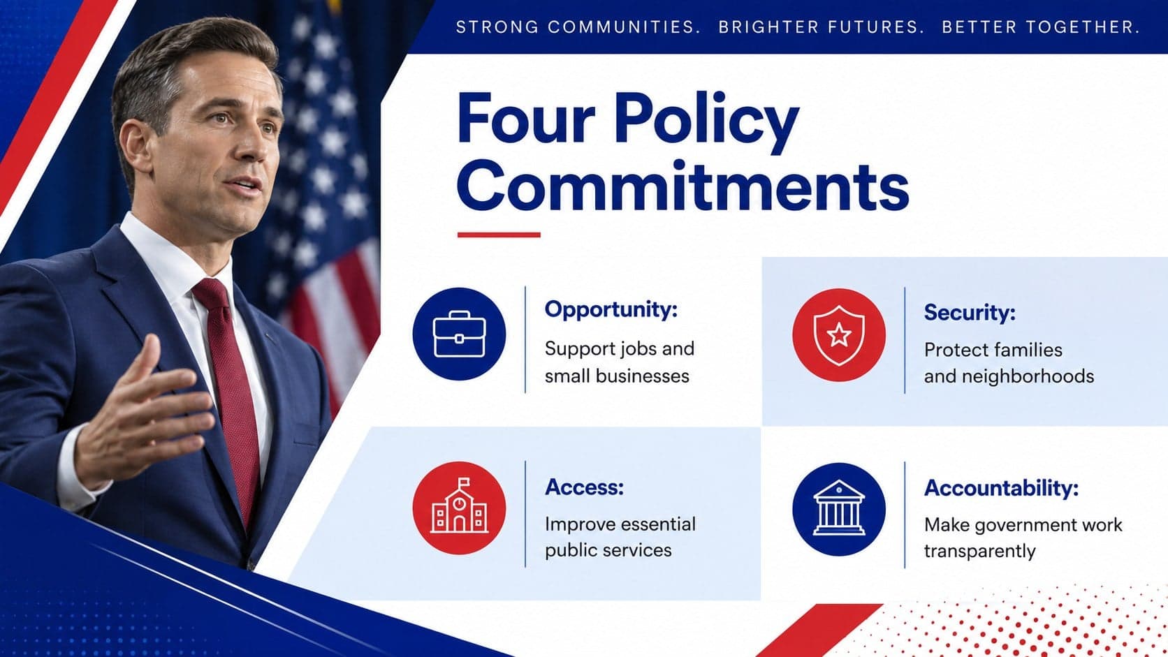 Congressional policy platform deck slide presenting four practical policy pillars in a modern grid.