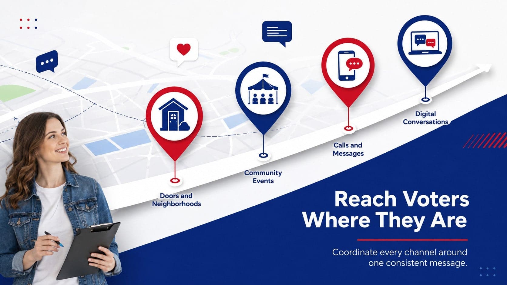 Campaign outreach strategy slide mapping door-to-door, events, calls, and digital engagement channels.
