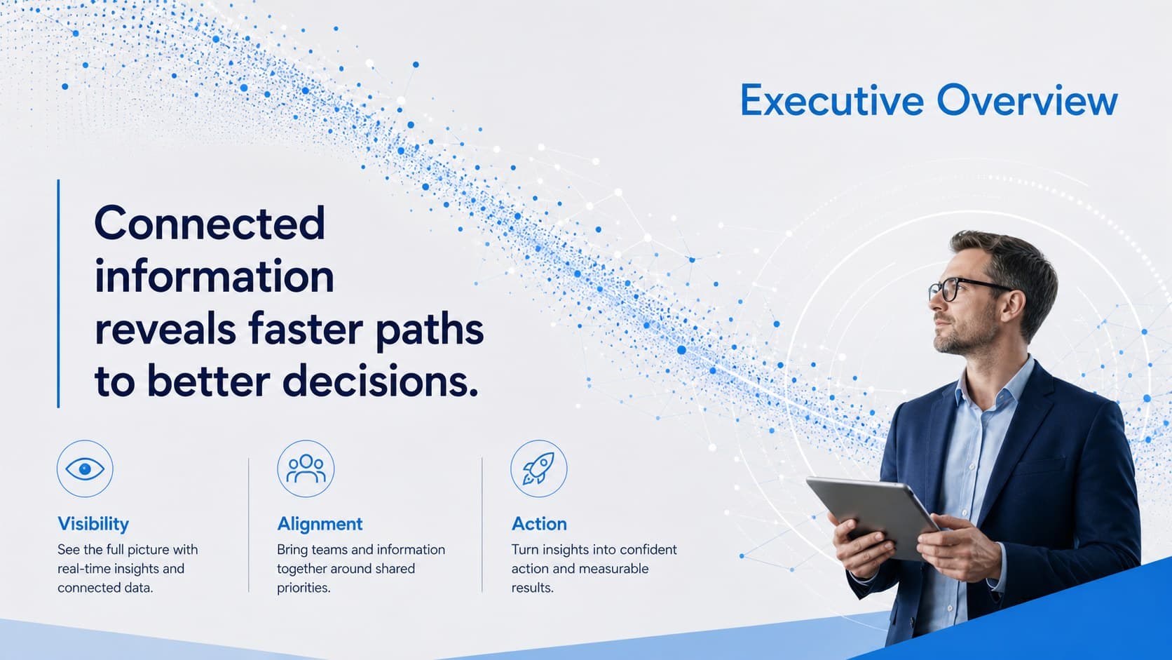 Executive overview slide summarizing data connections, decisions, and business outcomes.