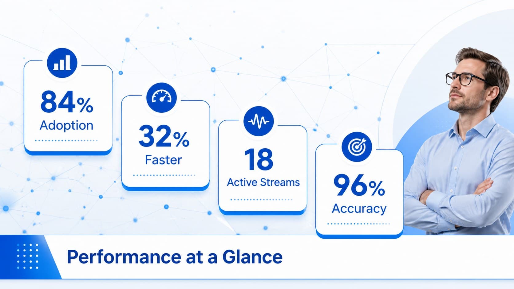 Key metrics slide showing four analytics indicators in a blue technology report layout.