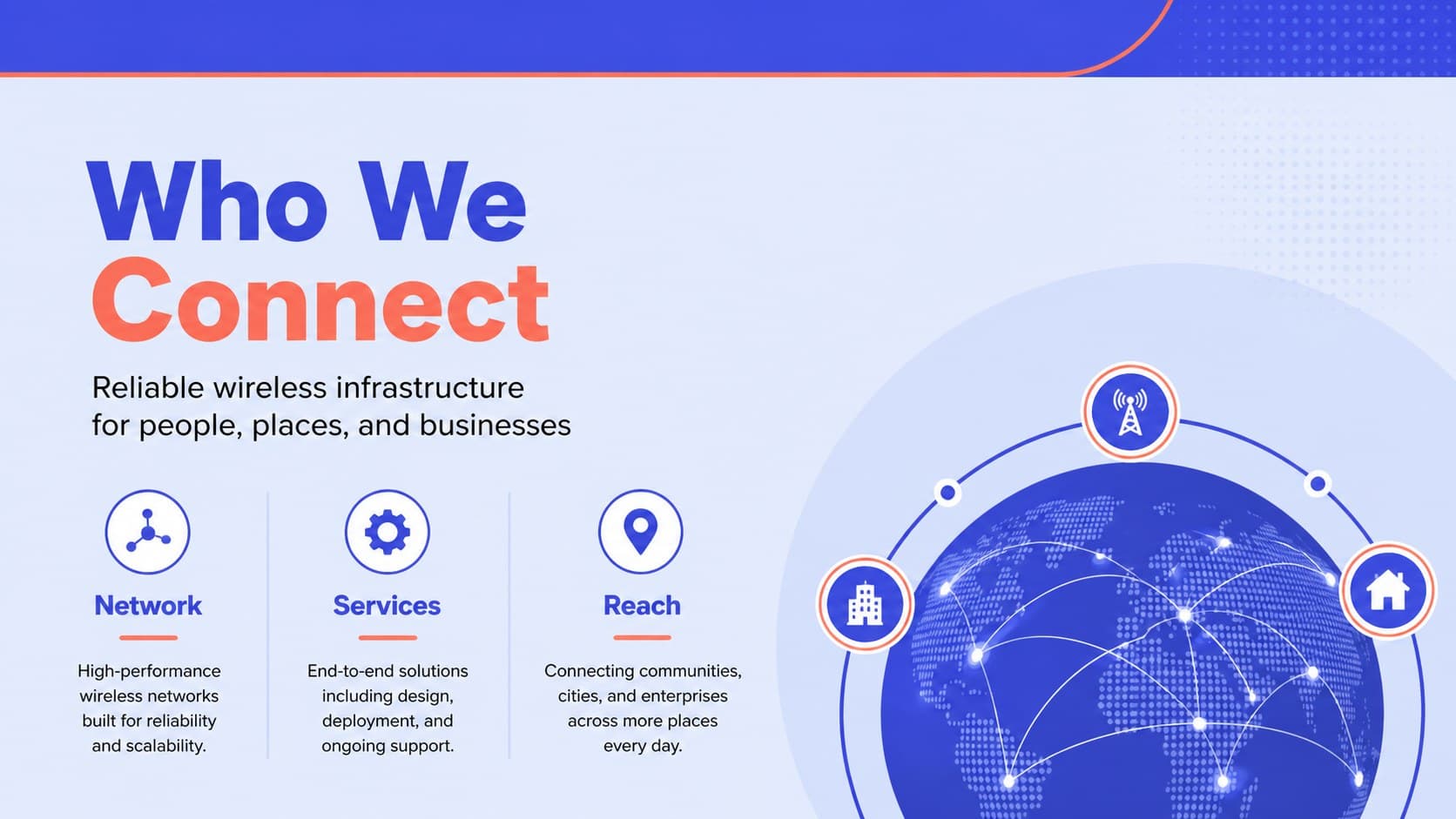 Company introduction slide outlining a wireless technology provider with blue and orange network illustrations.