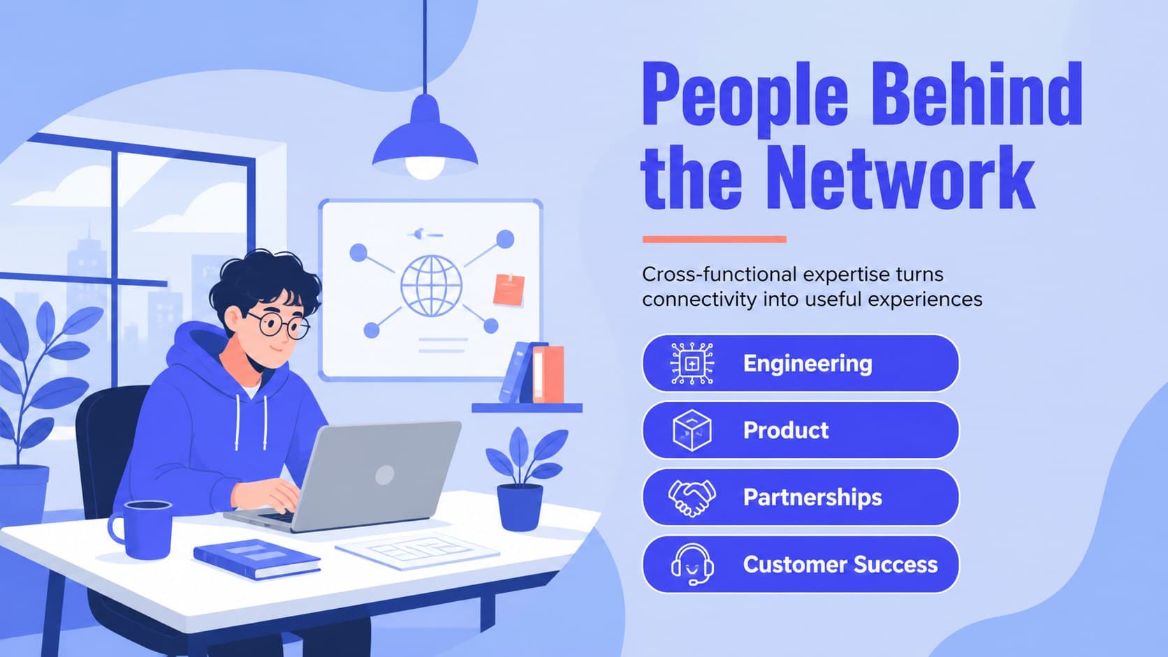 Team and capabilities slide introducing network specialists with original illustrated technology figures and blue-orange accents.