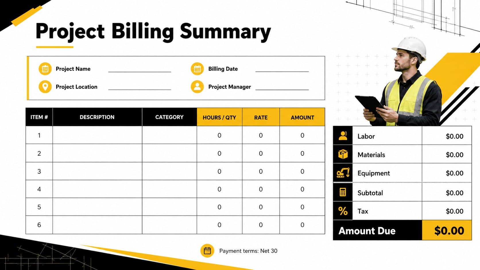 Editable construction invoice layout with labor, materials, rates, and totals in a bold yellow accent system.