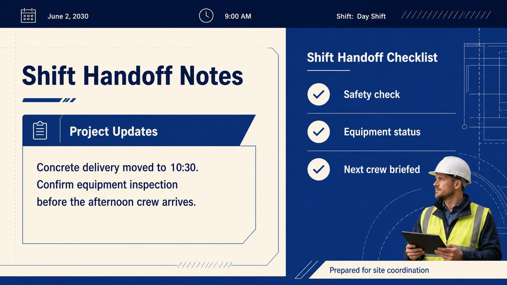 Construction shift reporting slide with project notes, handoff details, and editable timekeeping fields.