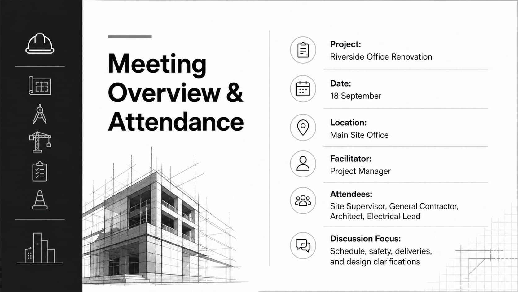 Construction site meeting notes layout with attendees, meeting details, and discussion topics.