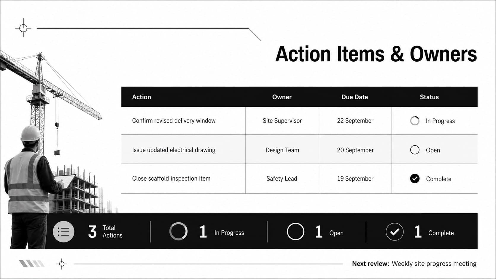 Contractor action item tracker showing responsibilities, due dates, and progress statuses.