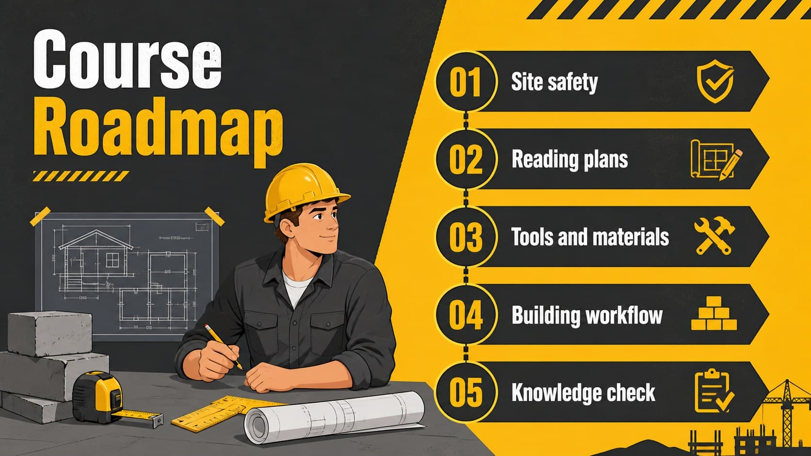 Construction course agenda slide outlining safety, plans, materials, and site workflow.