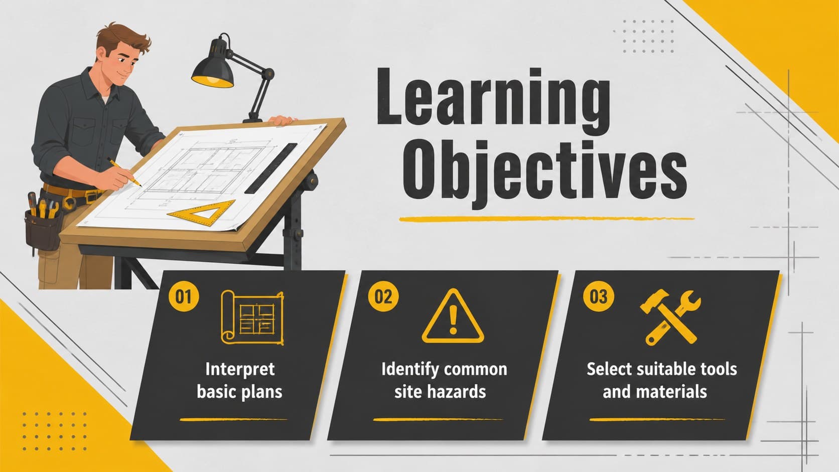 Vocational building course slide presenting practical construction learning objectives.