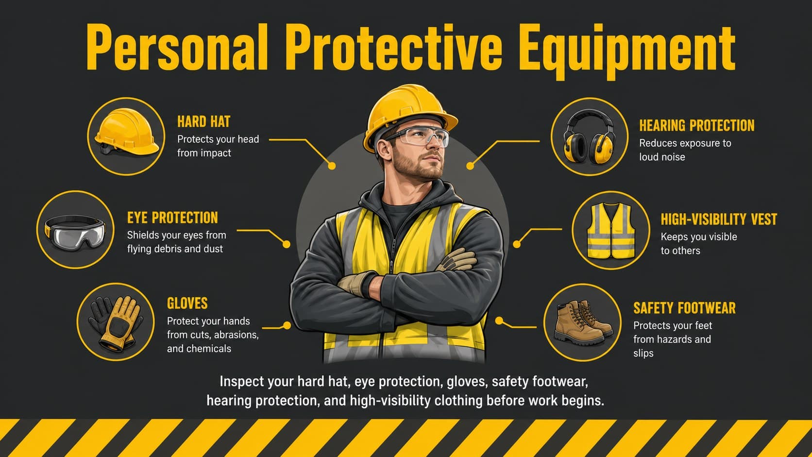 Jobsite safety training presentation slide showing essential personal protective equipment.