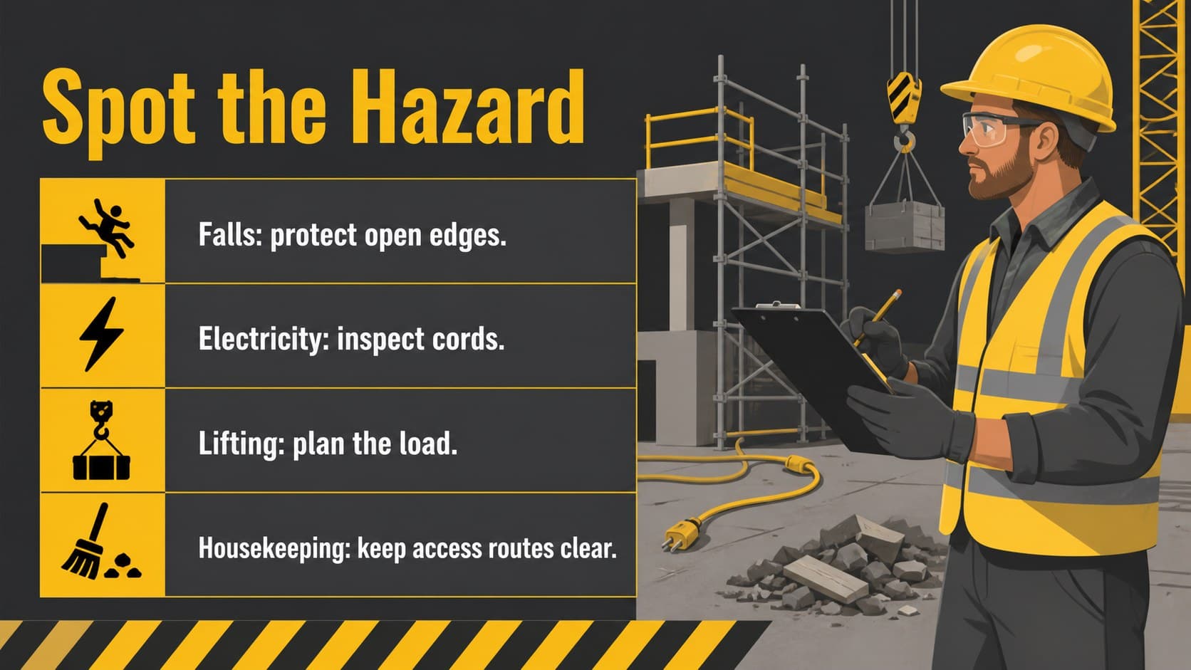 Illustrated construction safety slide comparing common hazards with preventive actions.