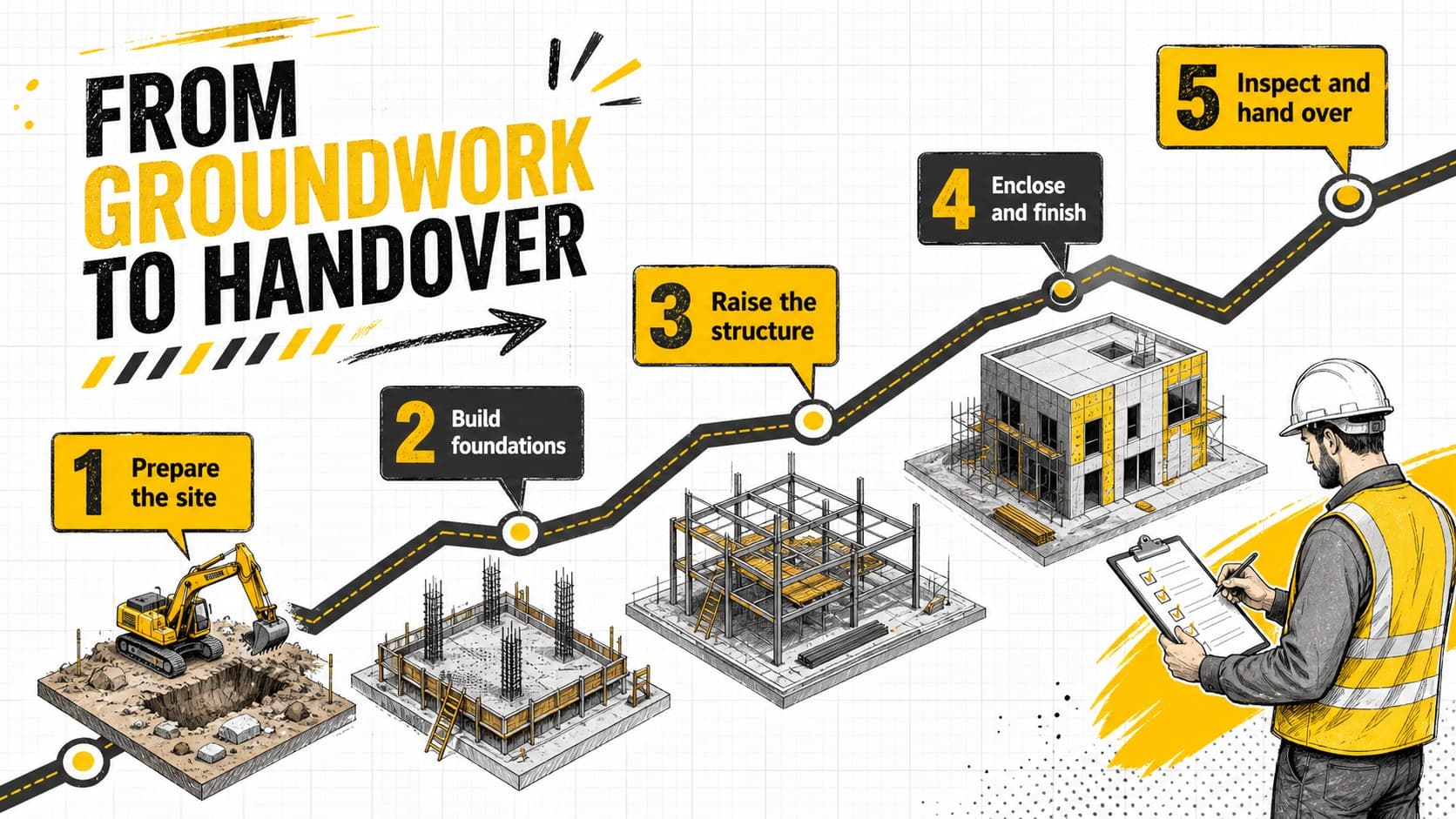 Building process training deck slide with a five-stage construction timeline.
