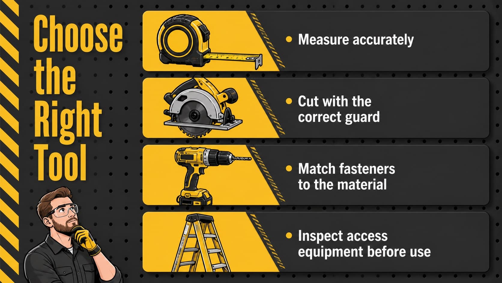Construction equipment lesson slide grouping tools by measuring, cutting, fastening, and access tasks.