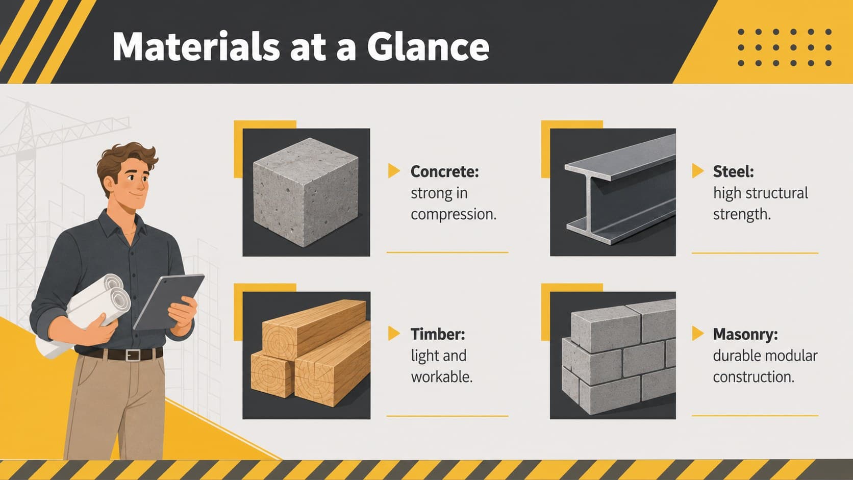 Construction training slide comparing concrete, steel, timber, and masonry materials.