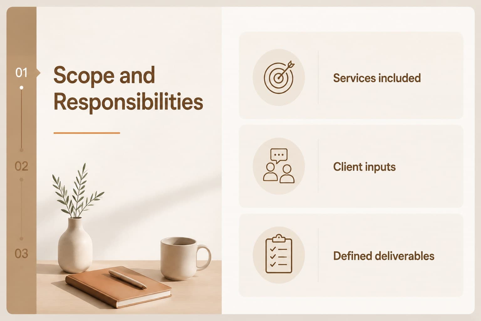 Agreement overview slide showing consulting scope, responsibilities, and deliverables in an editable business contract layout.