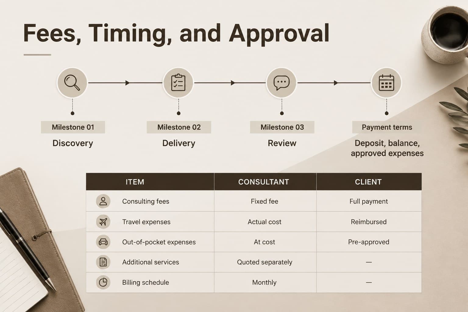Consulting terms slide organizing fees, milestones, expenses, and payment conditions for a client agreement.