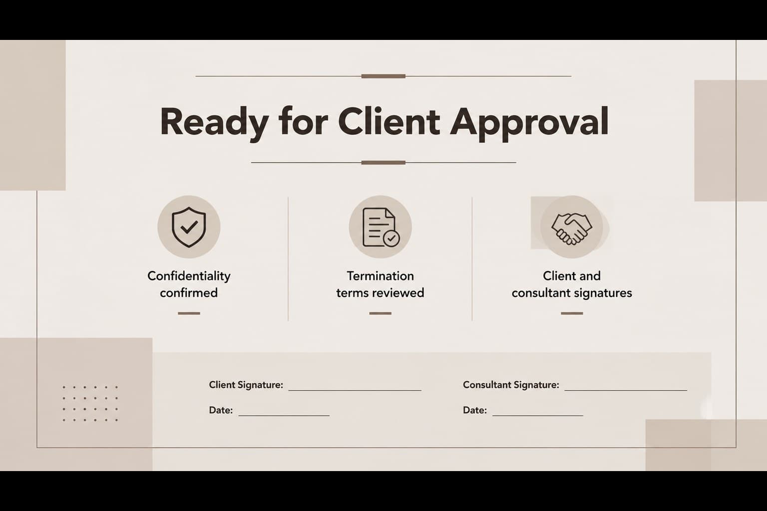 Closing agreement slide summarizing confidentiality, termination, and signature fields in a professional brown template.