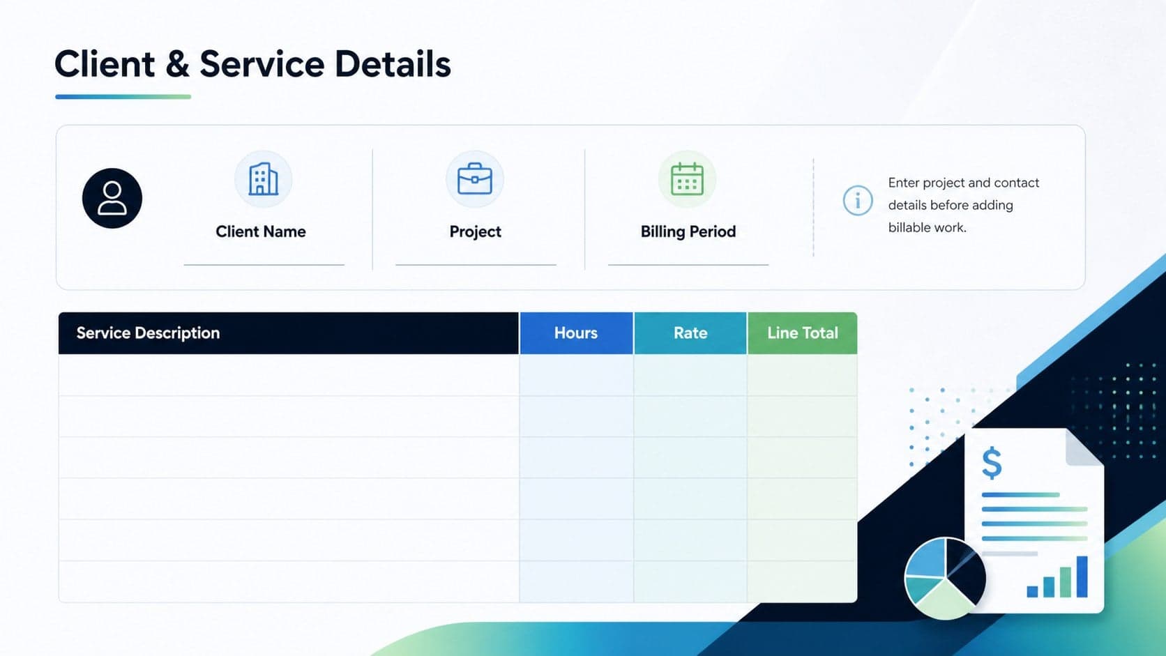 Editable client and service details slide for an hourly consulting billing tracker with structured fields and gradient accents.