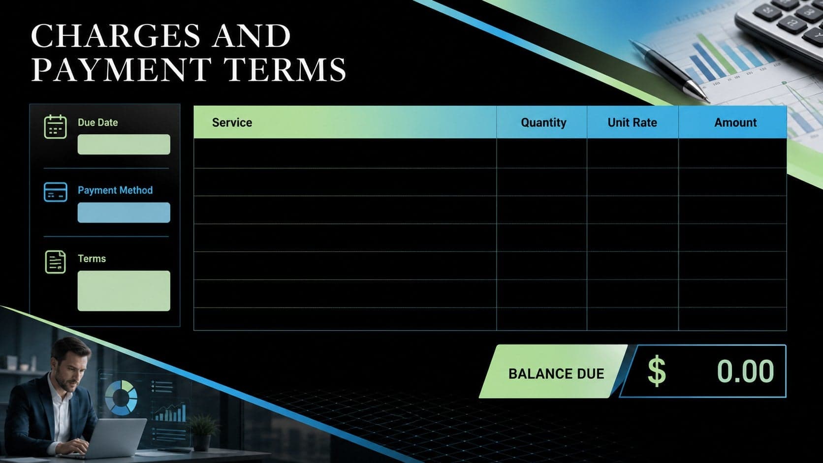 Professional client billing sheet slide showing itemized consulting services, rates, taxes, and payment terms.
