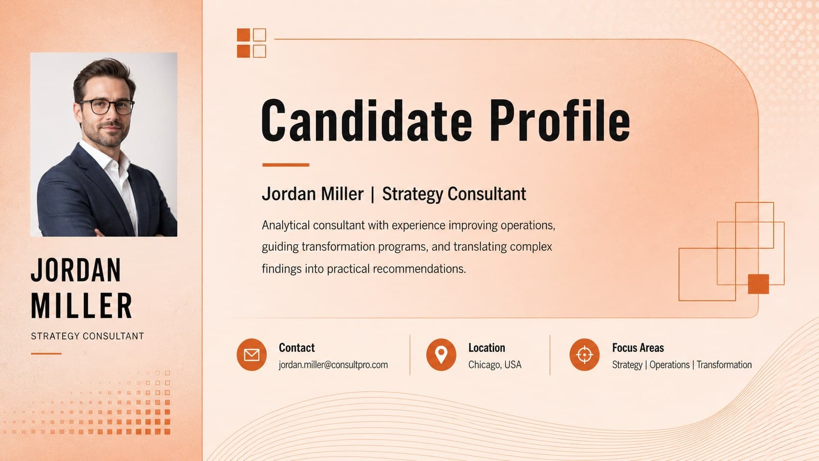 Consulting resume template for PowerPoint showing a candidate profile, contact details, and career summary.