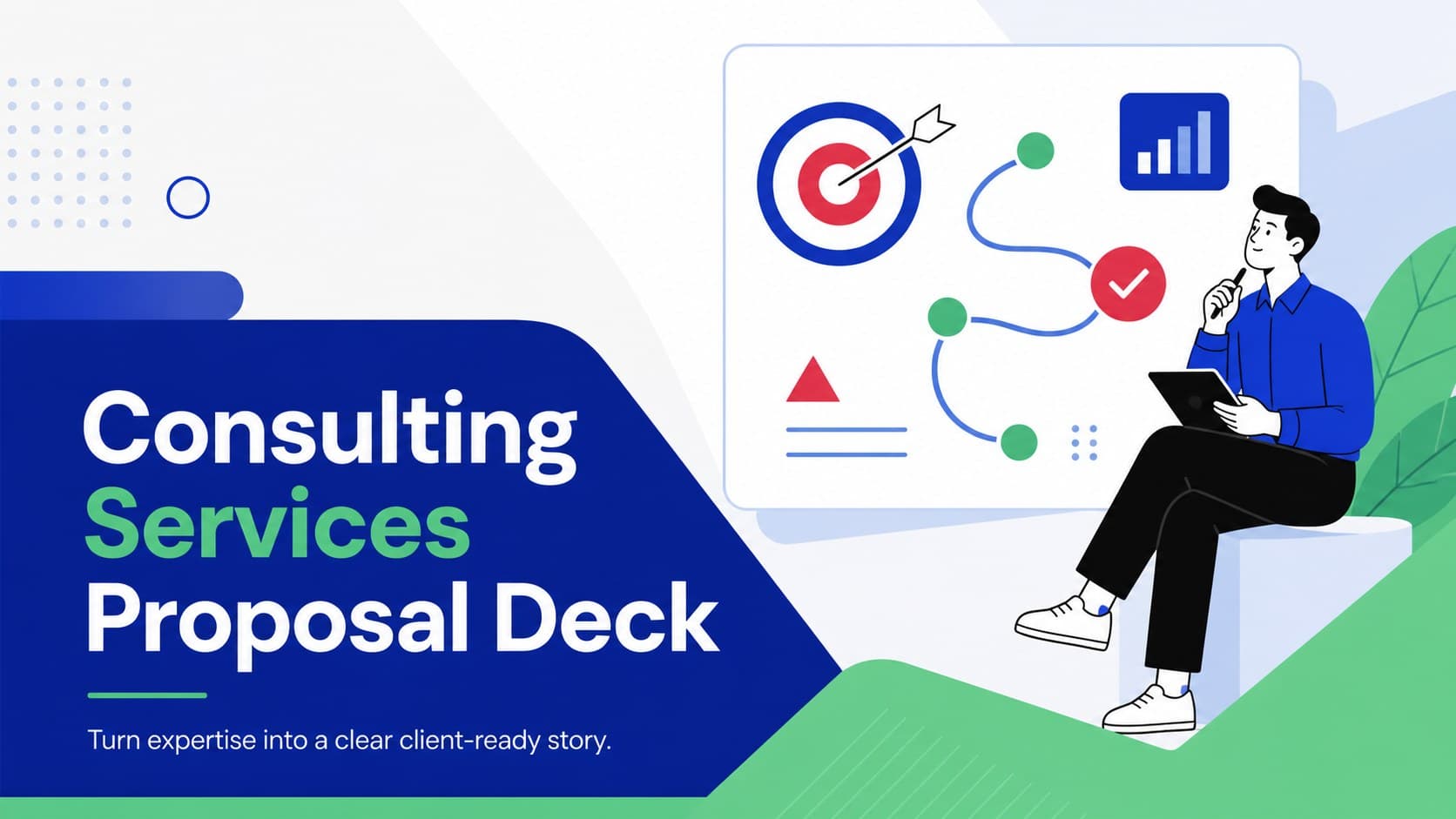 Cover of a colorful Consulting Services Proposal Deck with bold blue, green, and red geometric accents.