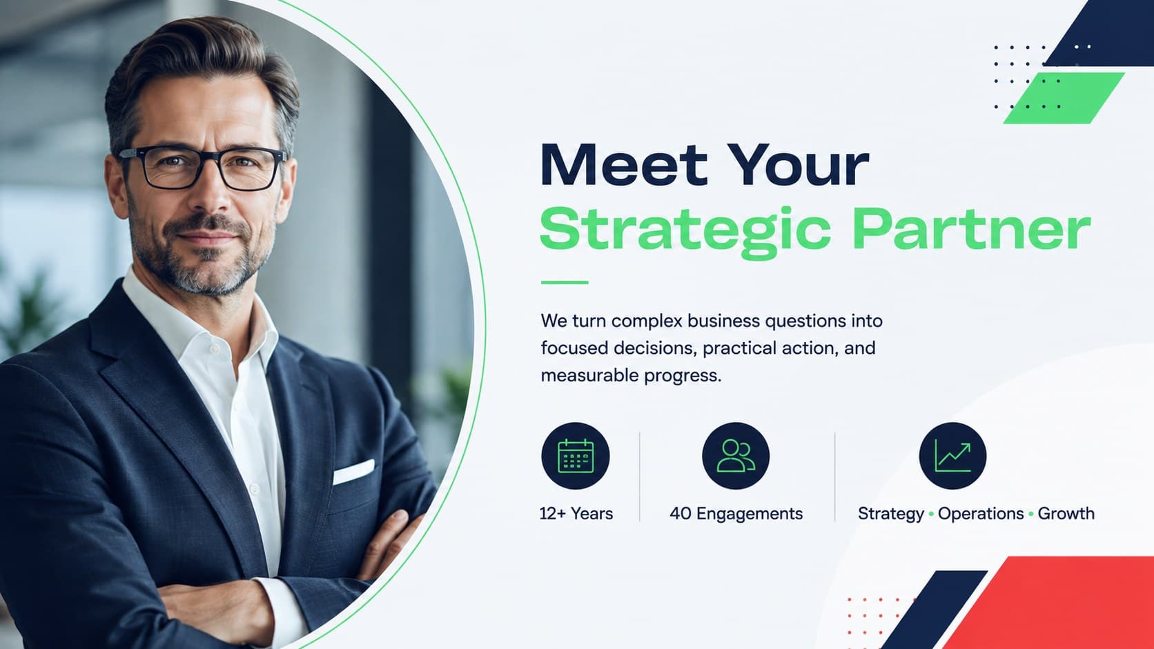 Consultant introduction slide presenting expertise, experience, and a professional profile.