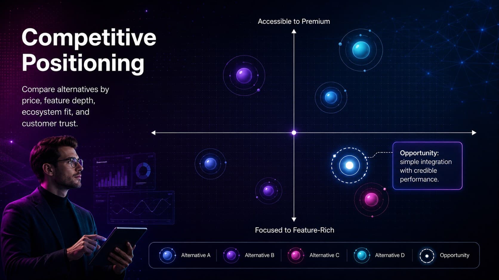 Tech product competitor analysis slide comparing market position, price level, strengths, and opportunity gaps.