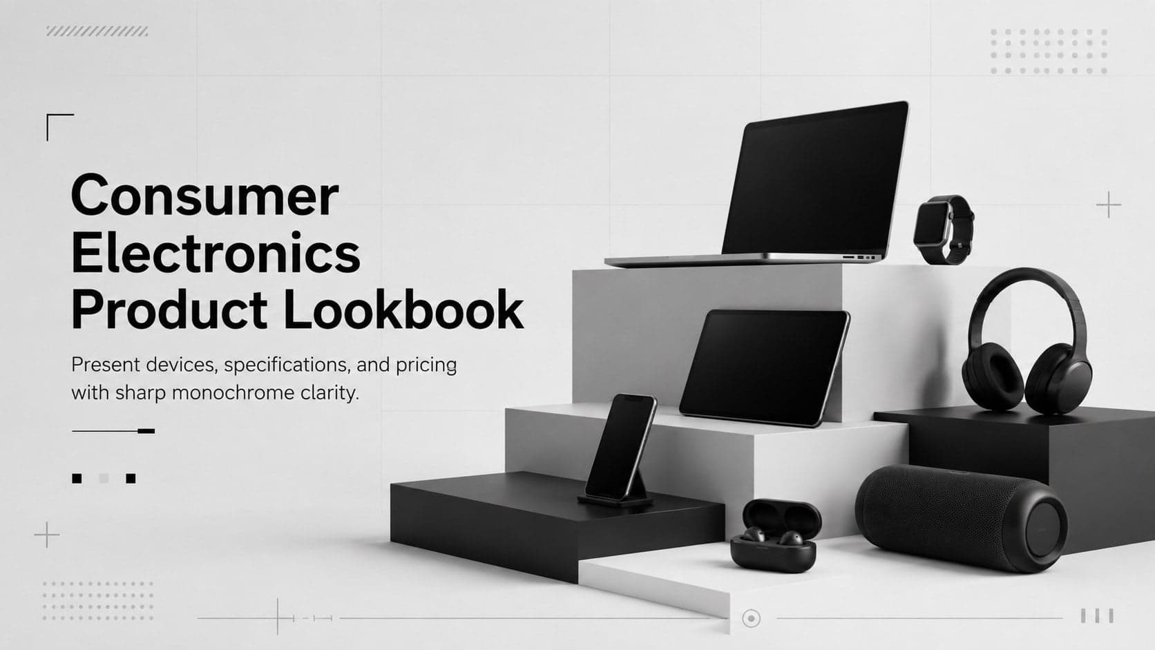 Consumer Electronics Product Lookbook cover with a monochrome device arrangement and clean interface-inspired typography.
