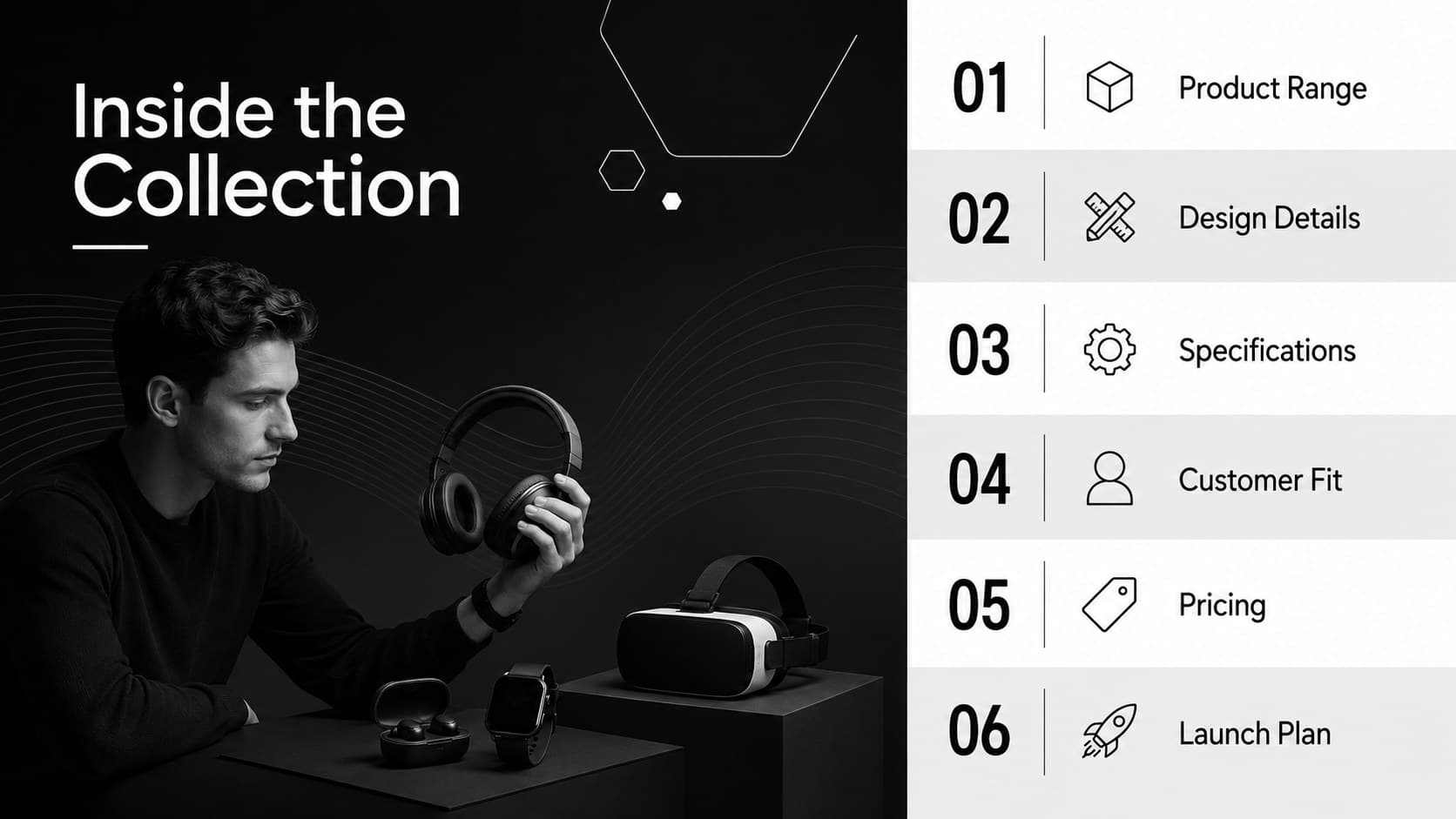 Monochrome consumer technology lookbook agenda outlining products, specifications, audiences, pricing, and launch plans.