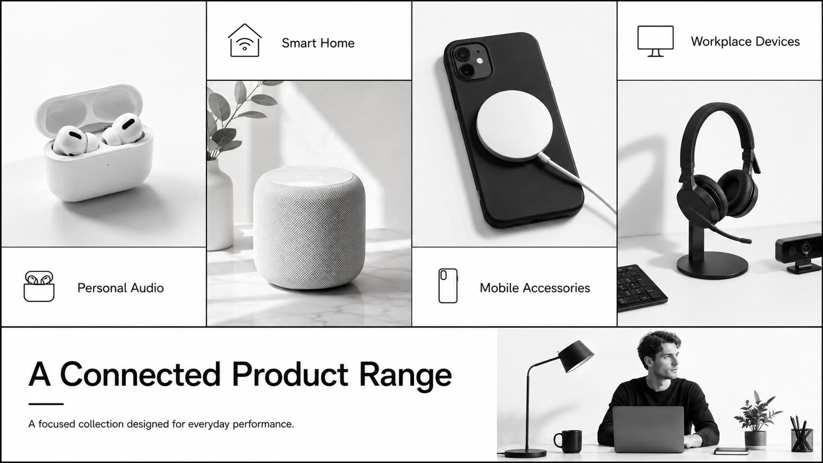 Consumer electronics portfolio overview displaying four product categories in a clean black-and-white grid.