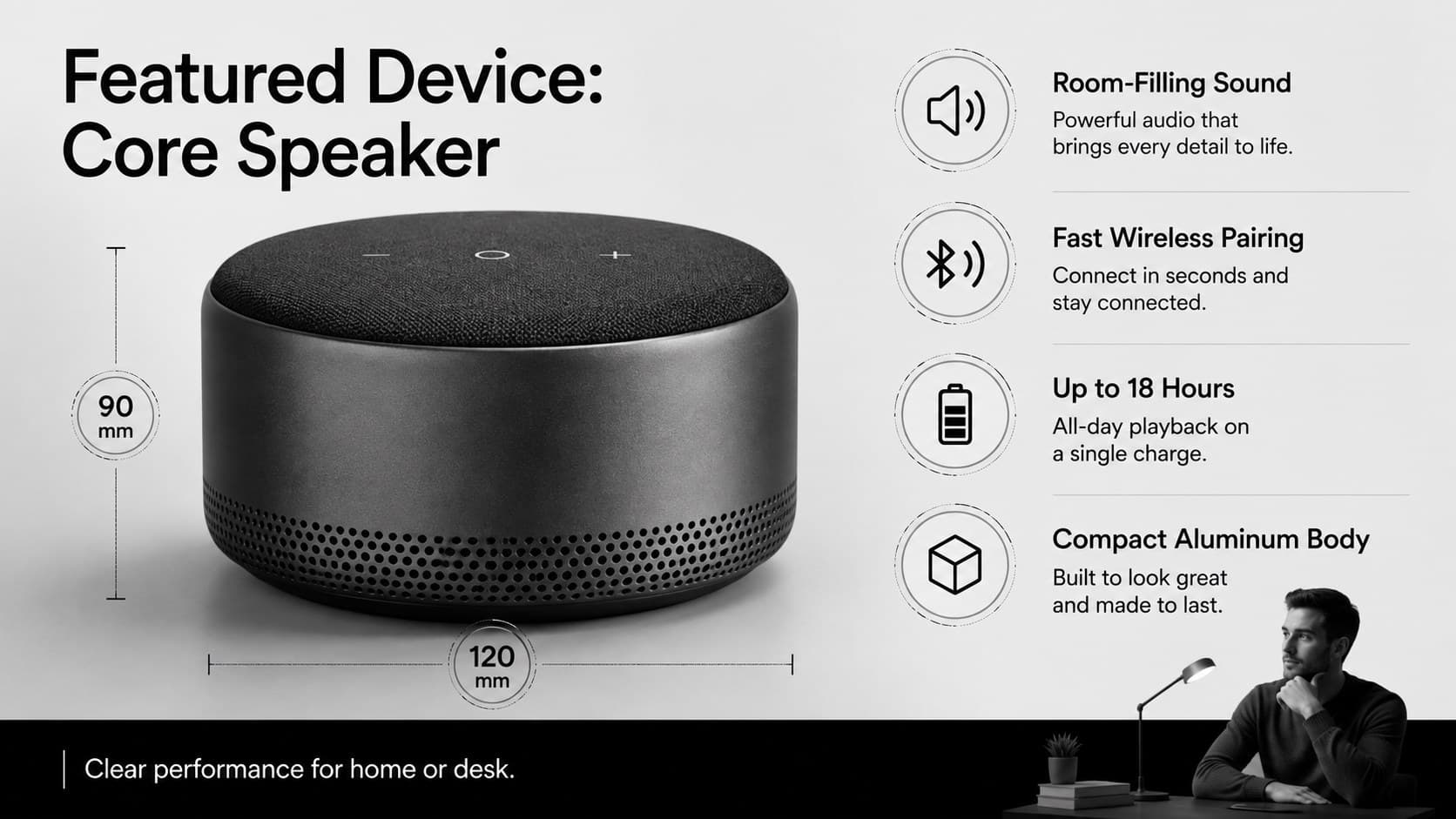 Featured smart speaker product slide highlighting sound, connectivity, battery life, and compact design.
