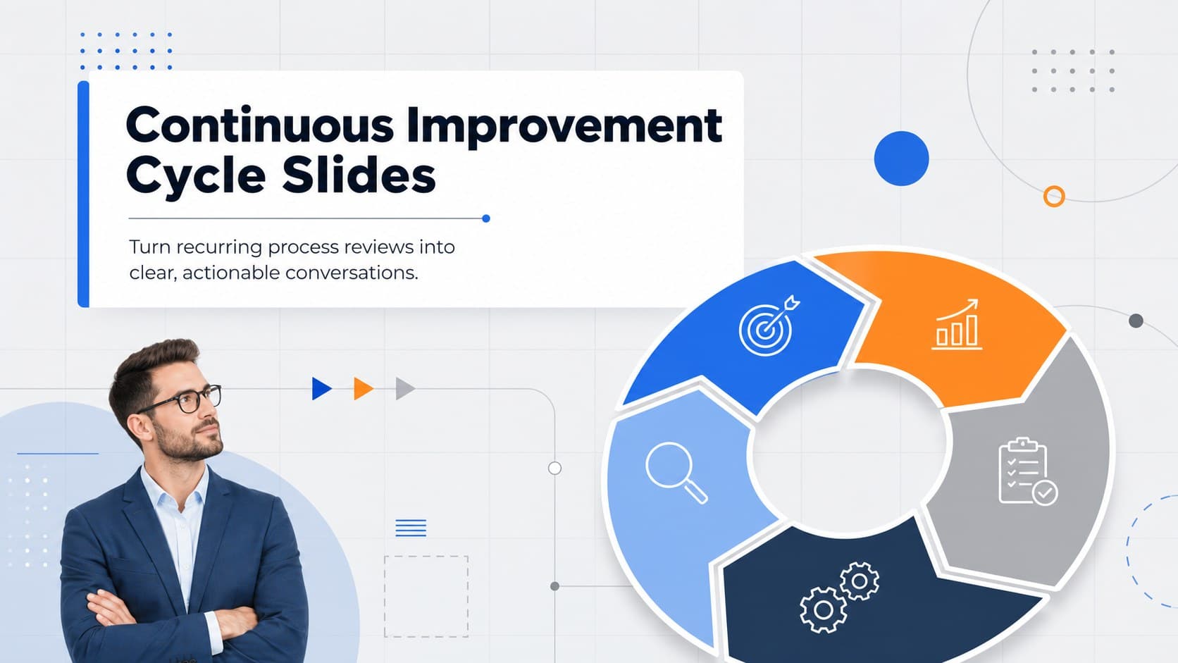 Cover for Continuous Improvement Cycle Slides with a modern blue, orange, and gray circular process graphic.