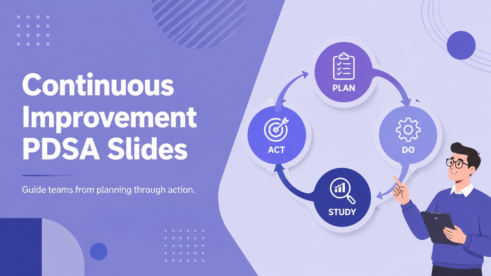 Cover for Continuous Improvement PDSA Slides with a modern violet-and-blue process graphic.